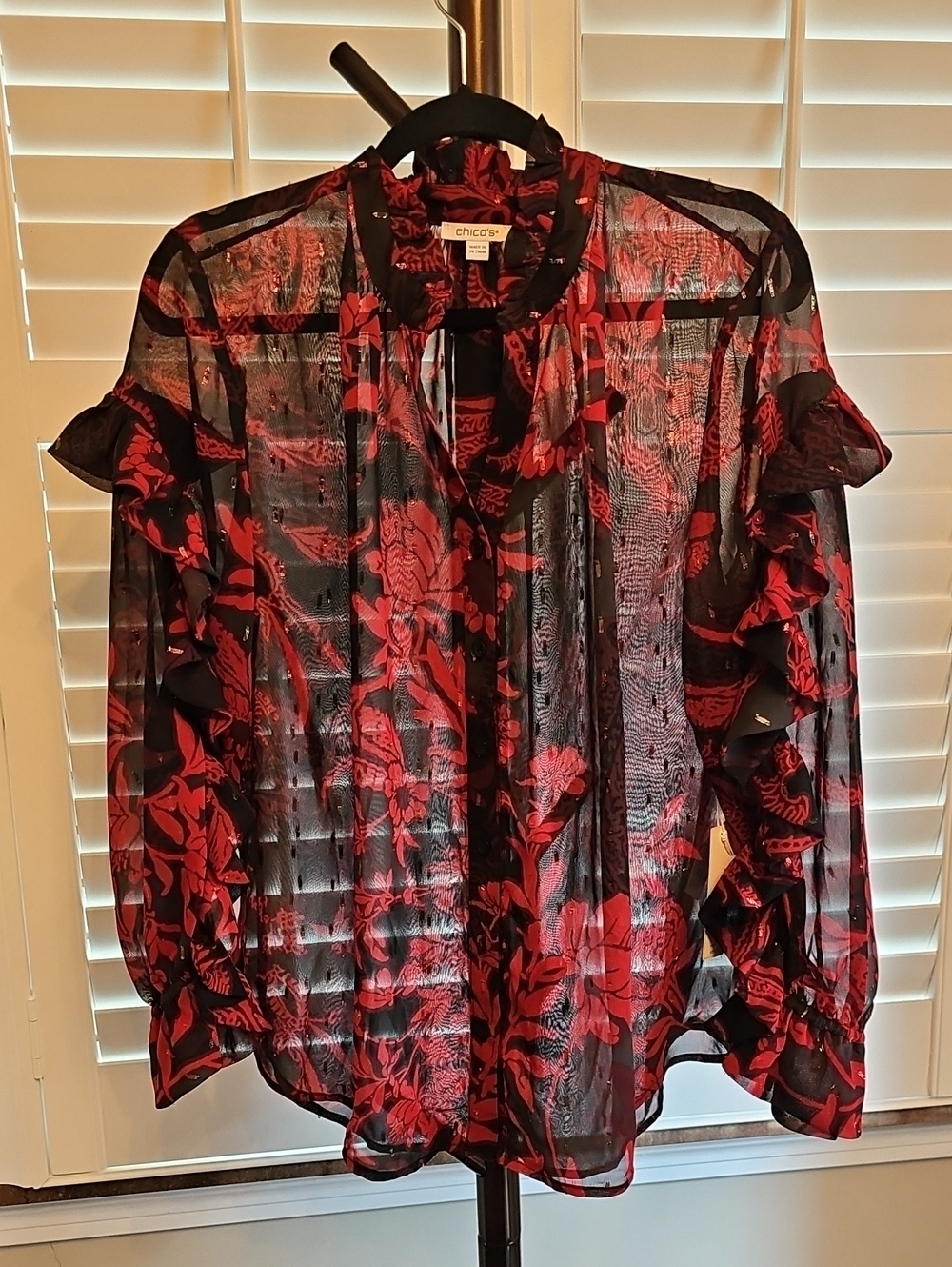 Chico's Black Sheer Blouse with Red Floral Ruffles